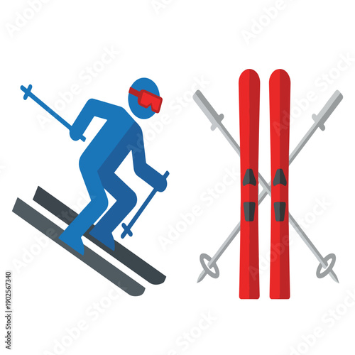 Downhill Skier and Ski Equipment Flat Vector Set