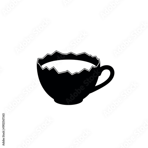 Stylized black and white vector graphic of a cracked coffee cup, symbolizing brokenness, fragility, or a damaged product.