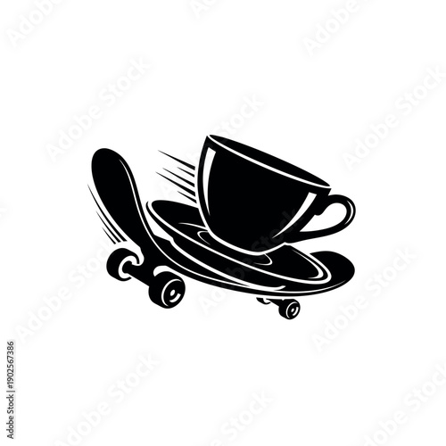 Fast-moving black and white vector of a coffee cup and saucer on a skateboard, conveying speed, energy, and a youthful lifestyle.