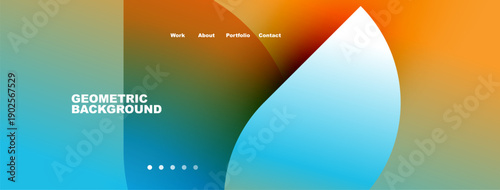 Abstract geometric background. Gradient colors blend smoothly. Navigation menu present. Minimalist design, modern aesthetic. Clean visual presentation.