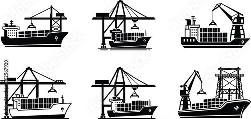 Cargo ship silhouette collection with harbor cranes for global maritime logistics container shipping industrial port operations international trade transport and maritime industry commerce