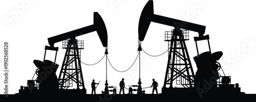 Industrial silhouette of oil pump jacks and workers at drilling rig site for petroleum extraction fuel energy production and global fossil fuel industry