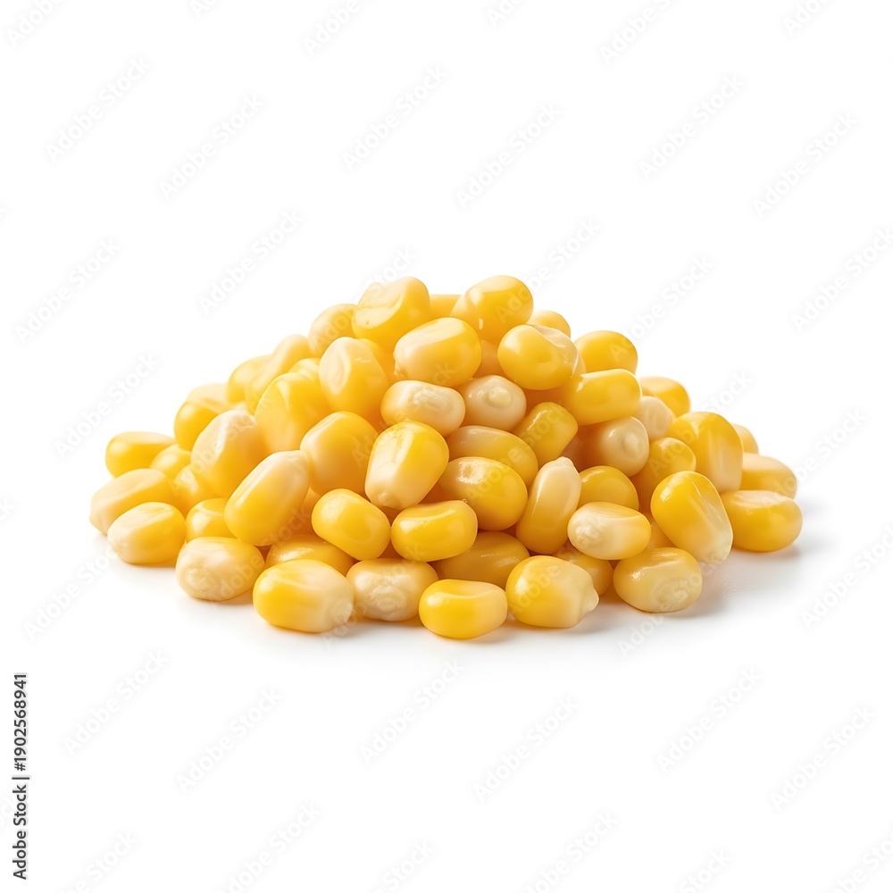 Fototapeta premium A heap of organic yellow corn seeds and raw sweetcorn kernels forms a healthy textured pile of agricultural grain isolated on a white background as a macro food ingredient