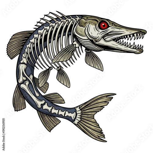 Pike skeleton fish with red eyes in vintage tattoo style illustration isolated on white background