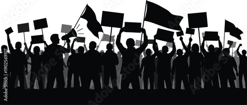 Protest, crowd, silhouettes, people, demonstration, activism, rally, banners, flags, megaphone, freedom, rights, unity, movement, political, social, justice, black, white, concept