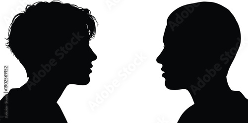 Two human face silhouettes facing each other, profile view conversation concept, communication psychology idea, identity comparison illustration isolated background