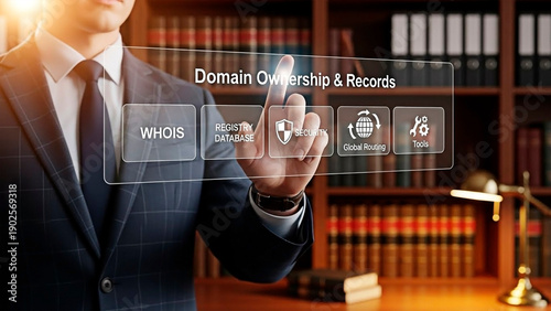 A businessman accessing domain ownership records in a law library