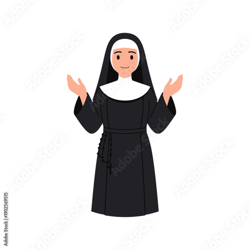 Happy Nun Welcoming Gesture, Flat Design Illustration