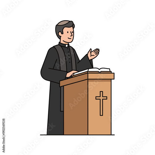 Clergy Man Giving Sermon from Pulpit with Bible and Cross