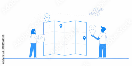 People using a map with location pins and satellite imagery