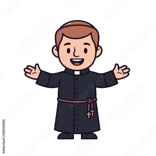 Friendly Cartoon Priest Character with Open Arms, Clergy, Catholicism, Religion Symbol