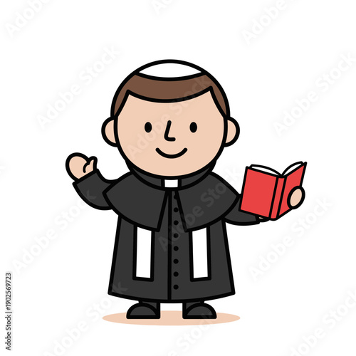 Cartoon Priest Character Holding a Book, Waving Hand - Vector Illustration