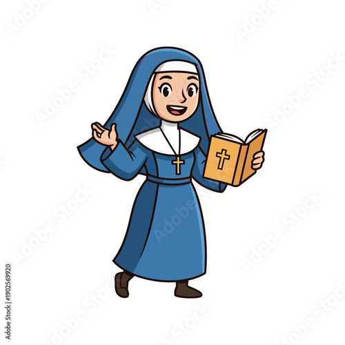 Cartoon Nun Holding Bible, Smiling, Wearing Blue Habit and Cross