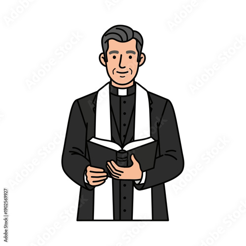 Smiling Priest Holding Open Bible, Wearing Clerical Collar and Stole - Illustration