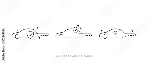 Car Key and Shield Icon Set, Car Insurance Line Icon, Car Silhouette, Vehicle Security Line Art. Vector Illustration