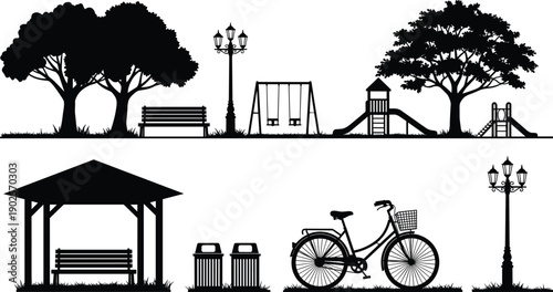 City park silhouette set with trees, benches, playground equipment, bicycle and street lamps in black minimalist landscape illustration style