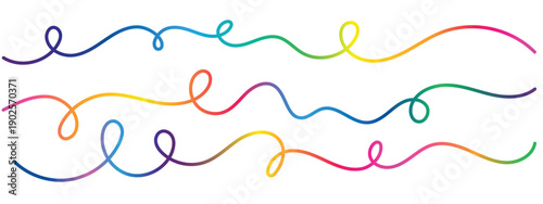 Vector rainbow gradient wavy lines set with loops and curls, colorful abstract dividers isolated on white background.