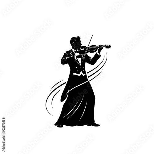 elegant violinist in tuxedo playing musical instrument with motion lines silhouette vector illustration
