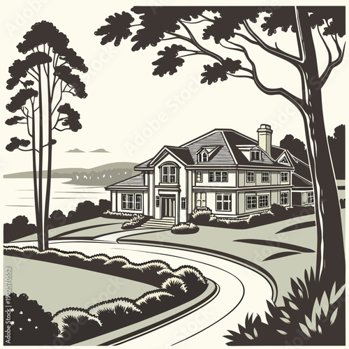 Large house with driveway and trees by the water property