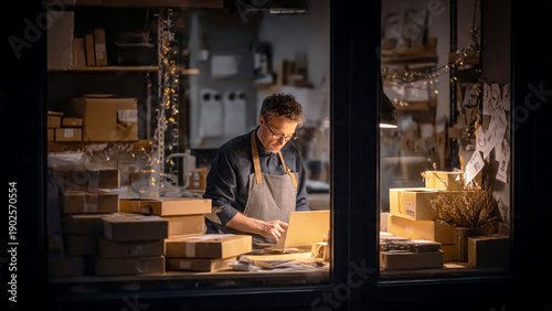 Small business owner working late on laptop surrounded by packages, preparing for shipping and fulfillment during busy season