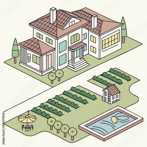 Large white house with brown roof and garden large house