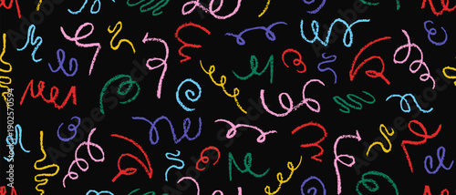 Playful seamless pattern with rainbow doodles, hand drawn scribble shapes with detailed charcoal, wax crayon texture, funky squiggle lines. Simple confetti print for children Vector illustration