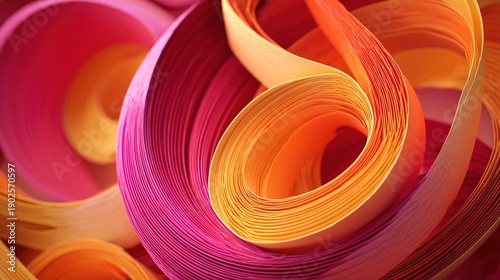 Sculptural ribbons of neon pink and orange paper twist together, creating glowing color gradients and dynamic shadows. 3D rendered illustration.
