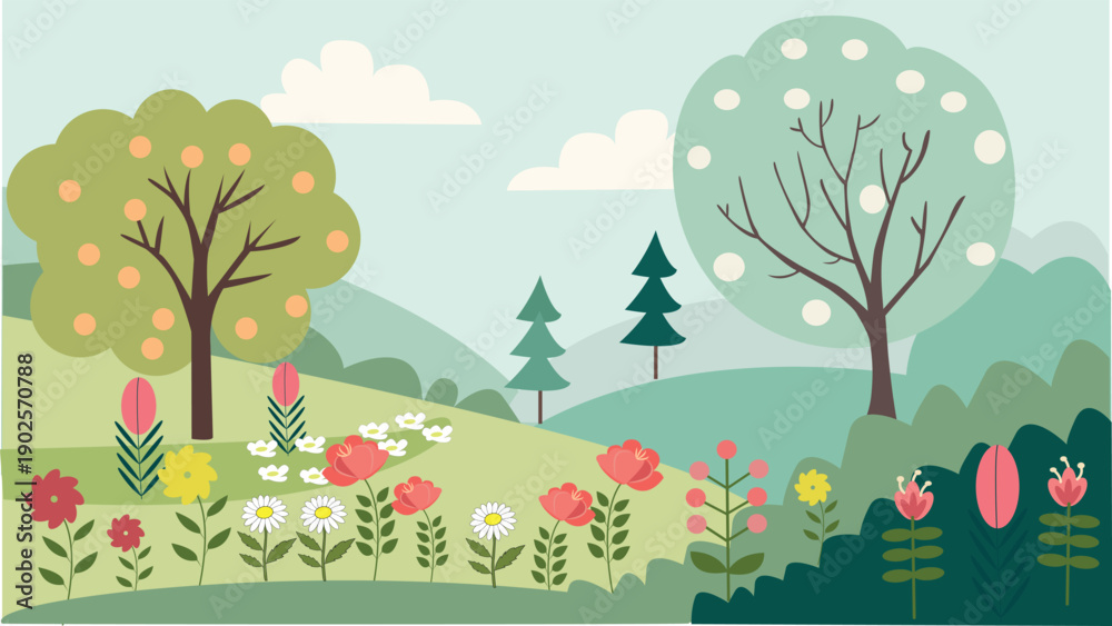 Fototapeta premium Stylized spring landscape with flowers and trees.