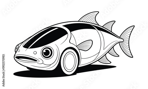 Creative illustration of a fish seamlessly blended with the shape of a modern car