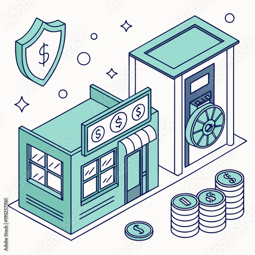 Isometric bank building with atm and money coins financial institution