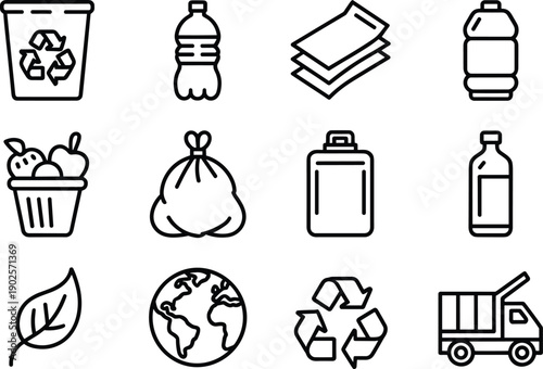 Ecology And Recycling Icon Set Featuring Garbage Bin, Plastic Bottles, Waste Bag, Organic Food, Earth Globe, Green Leaf, And Disposal Truck For Sustainability.
