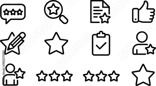 Customer Rating And Feedback Line Icon Set Featuring Star Reviews, Thumbs Up, User Experience, Testimonial Bubbles, Quality Surveys, Ranking Symbols, And Business Reputation Icons Vector.