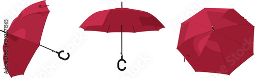 Red umbrella vector illustration set, open and folded rain protection accessory, realistic top side view isolated collection design