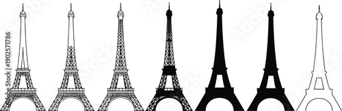 Eiffel Tower silhouette evolution set showing detailed to minimal styles of iconic Paris landmark in black and white illustration
