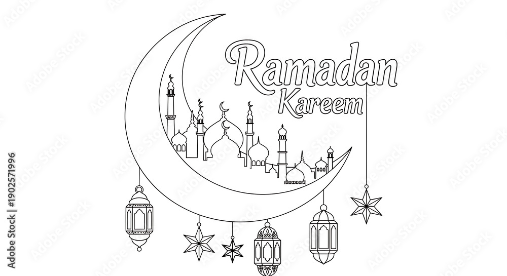 Fototapeta premium Ramadan Kareem greeting card with mosque, crescent moon, lanterns, and stars illustration isolated on transparent background