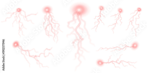 Red lightning flash PNG with glowing streaks and electric power flow isolated on transparent background for action and storm visuals
