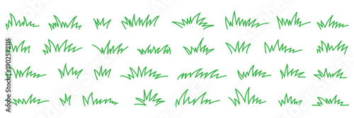 Grass line doodle. Outline grassland or meadow sketch, simple field design. Black grass brush stroke hand drawn texture for garden pattern or lawn. Herb marker vector isolated element