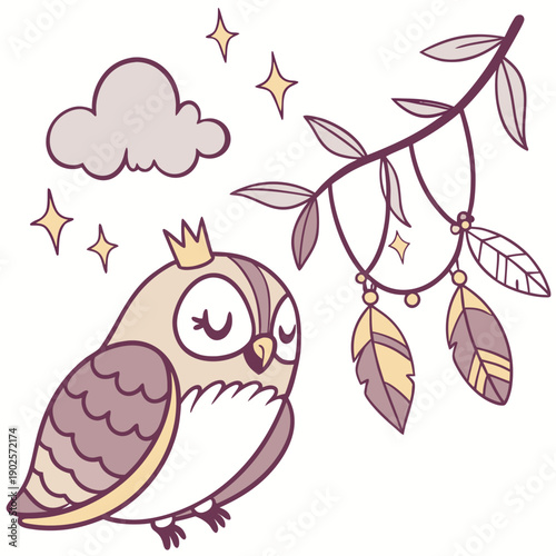 Whimsical Owl feeling Funny in a Fantasy dream setting with with a tiny crown – colored in Dreamland