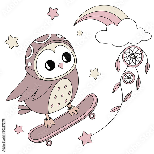 Loving expression on a Owl in a Fantasy dream theme, with riding a skateboard – Dreamland vector art