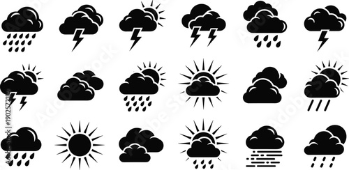 Weather icons set vector forecast symbols collection rain cloud sun storm lightning fog meteorology silhouette pack isolated