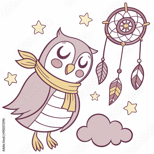 Excited expression on a Owl in a Fantasy dream theme, with with a scarf – Dreamland vector art