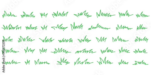 Grass line doodle. Outline grassland or meadow sketch, simple field design. Black grass brush stroke hand drawn texture for garden pattern or lawn. Herb marker vector isolated element