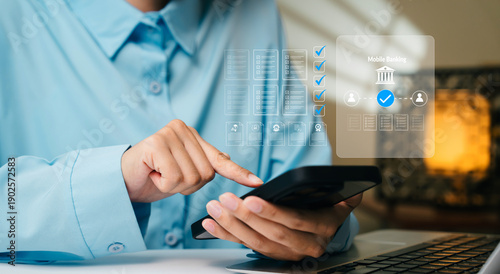Photos Digital banking verification concept, businesswoman using smartphone with mobile
