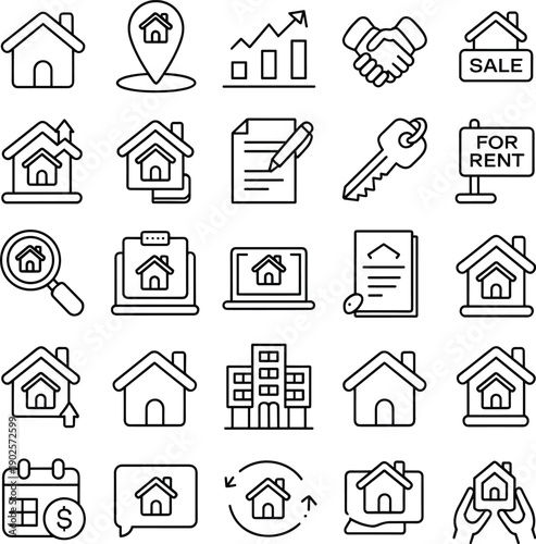 Real estate housing icons, property sale rent agreement, home ownership transaction, location marker search, investment market trend vector illustration concept