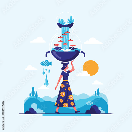 Woman gracefully walks while balancing a surreal, multi-tiered glass vessel on her head, containing a waterfall and swimming fish, symbolizing balance and abundance.