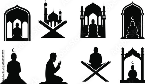 Silhouette vector icons of Islamic prayer worship with mosque architecture, crescent moon, Quran, spirituality, devotion, cultural identity, religious illustration for stock design resources