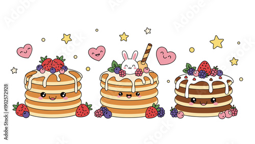 Trio of fluffy pancake stacks with cute smiling faces decorated with strawberries, blueberries, cream, and a rabbit marshmallow on top.
