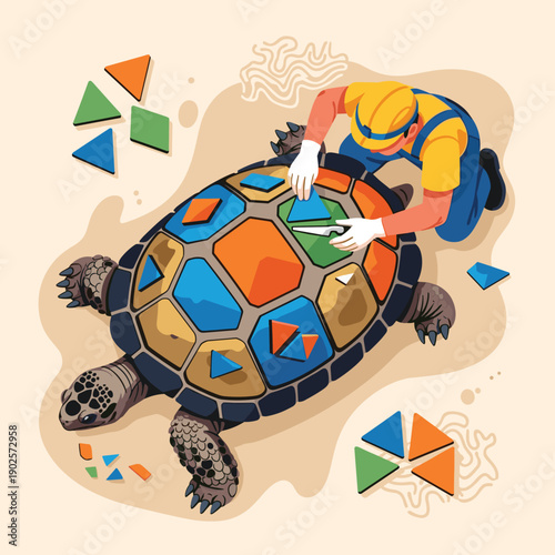 A conservation worker in a hard hat carefully restores the colorful, mosaic-like shell of a large tortoise, symbolizing wildlife protection and environmental care.