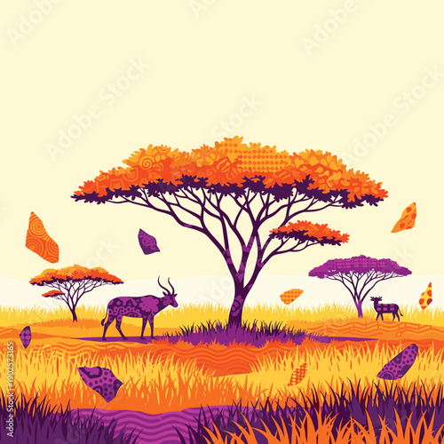 A stylized African savanna landscape is depicted in a vibrant palette of orange and purple, featuring acacia trees and antelopes with decorative, patterned textures.