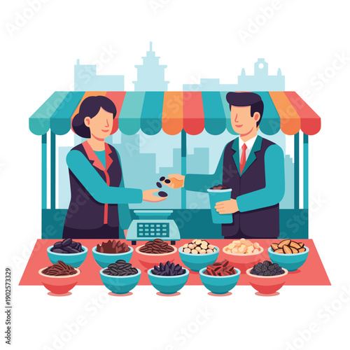 At a bustling city market stall, a female vendor weighs and sells various dried fruits and nuts to a male customer, with many colorful bowls of goods on display.